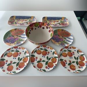 Anthropologie Serving Bowl and Plates Set - Fruit Print